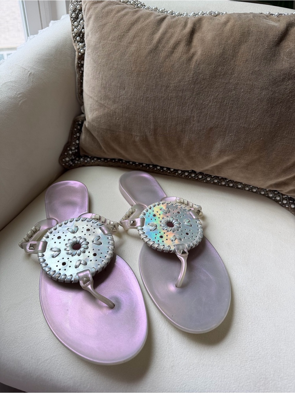 Jack Rogers Iridescent Pink Jelly Thong Sandals with Decorative Medallions